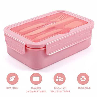 Caperci Classic Bento Box Adult Lunch Box for Older Kids - Leakpoof 47 oz 3-Compartment Lunch Containers for Adults and Teens, Built-in Utensil Set, Ideal for On-the-Go Balanced Eating, Pink - color: Pink