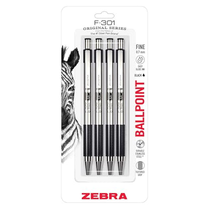 Zebra Pen F-301 Ballpoint Black Ink Fine Point 0.7mm Pen, Easy-Glide Ink, Stainless Steel Retractable, Non-Slip Grip, Professional Design, Ideal for Office, Journal and Planner Use, 4-Pack (27114) - color: Black D