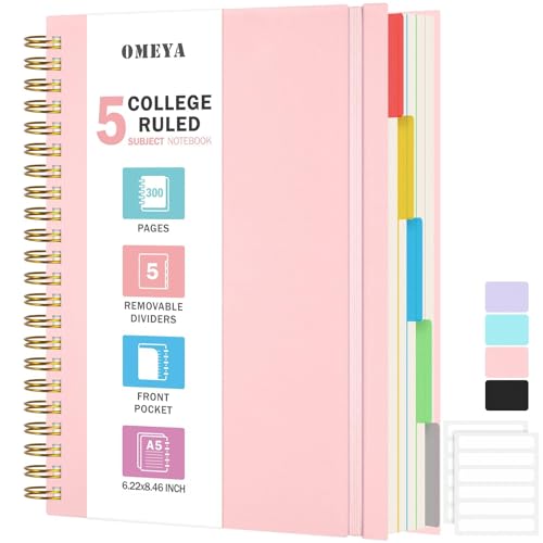 5 Subject Notebooks College Ruled, Lined Notebook with Removable Dividers | 300 Pages 100GSM Thick Spiral Writing Journal for Women & Men, Small A5 Spiral Notebooks for Work, School Supplies, 6" x 8" - color: Pink, size: A5