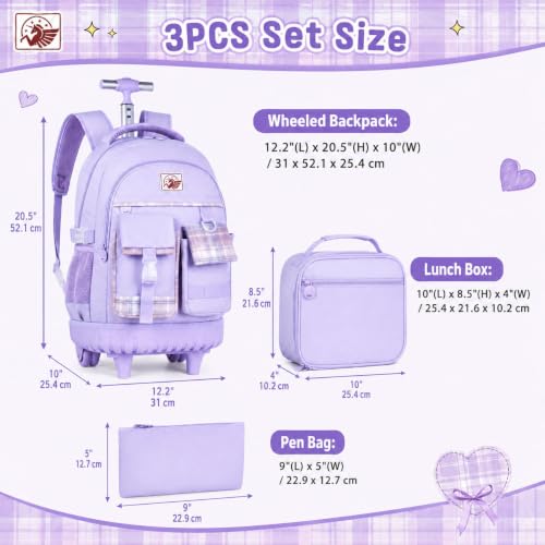 AGSDON Rolling Backpack for Girls, 21" Women Roller Wheels Bookbag, Laptop Wheeled Suitcase School Backpacks with Lunch Bag for Teens - color: Square Purple