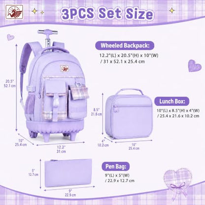 AGSDON Rolling Backpack for Girls, 21" Women Roller Wheels Bookbag, Laptop Wheeled Suitcase School Backpacks with Lunch Bag for Teens - color: Square Purple
