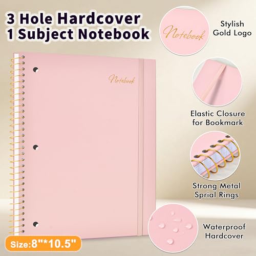 Spiral Notebook College Ruled Paper 8" x 10-1/2", 1 Subject Spiral Notebook 80GSM Paper, 3-Hole Punched Perforated Pages Ideal for School, Office, Writing, 75 Sheets Lined Journaling Notebook, Pink - color: Pink
