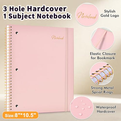 Spiral Notebook College Ruled Paper 8" x 10-1/2", 1 Subject Spiral Notebook 80GSM Paper, 3-Hole Punched Perforated Pages Ideal for School, Office, Writing, 75 Sheets Lined Journaling Notebook, Pink - color: Pink