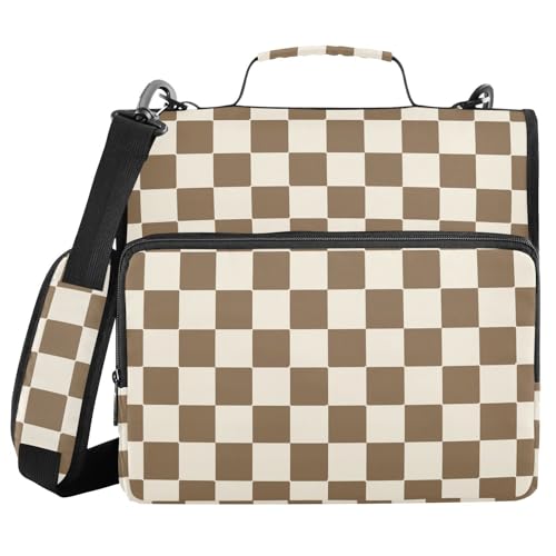 Brown Beige Checkered Zipper Binder 3 Ring 1.5 Inch Binder Organizer Bag 500 Sheets Capacity Multi-Pocket with Shoulder Strap for School Office