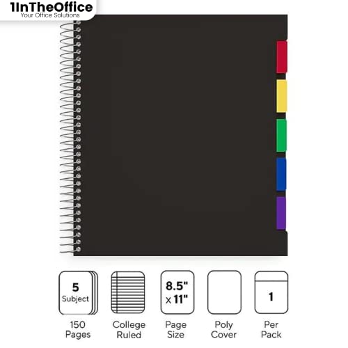 1InTheOffice 5 Subject Notebook with Dividers, Spiral Notebook with Tabs, Poly Cover College Ruled Notebook 8.5" x 11, Black, 150 Sheets