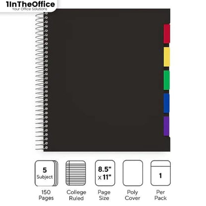 1InTheOffice 5 Subject Notebook with Dividers, Spiral Notebook with Tabs, Poly Cover College Ruled Notebook 8.5" x 11, Black, 150 Sheets