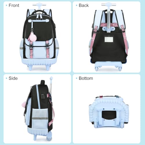Bevalsa Rolling Backpack for Girls, 3PCS Roller School Backpacks with Lunch Box & Pen Case, Kids Bookbag Schoolbag with Wheels for Teen Girl Kindergarten Elementary Middle School - color: Black Blue