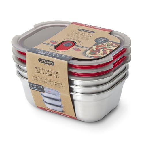 BLACK + BLUM Stainless Steel Microwave Safe Container Set | 30 oz x 3 | Leak Proof & Airtight, Metal Meal Prep Containers, Durable & Reusable, Stackable Food Storage, Lunches & Batch Prep - size: Medium Box Set (900ml x 3)