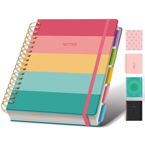 Hardcover Spiral Notebook Journal for Women & Men, Cute 5 Subject Notebook College Ruled for School & Work, Journaling Notebooks with Removable Dividers Tabs, 8" x 10", 300 Pages, Happy Stripes - color: Happy Stripes