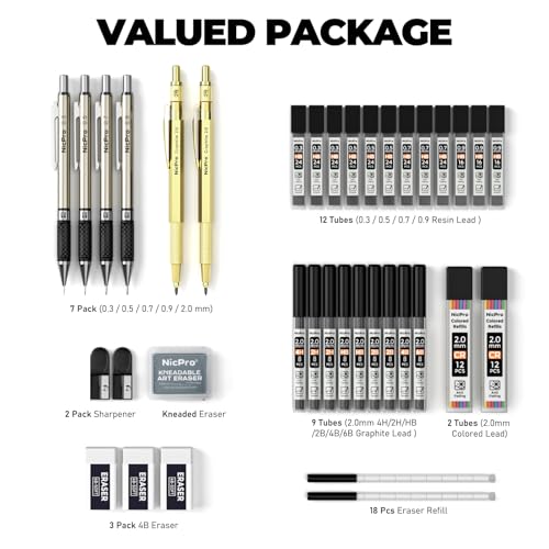 Nicpro 37PCS Gold Art Mechanical Pencil Set, 4PCS Metal Drafting Pencil 0.3/0.5/0.7/0.9 mm & 2PCS 2mm Lead Holder (6B 4B 2B HB 2H 4H) School Supplies for Sketching Drawing with 23 Tube Lead Refills - color: Gold, style: 0.3 0.5 0.7 0.9 2.0