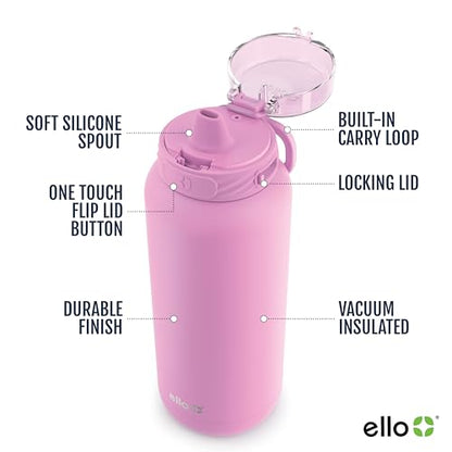 Ello Cooper 32oz Stainless Steel Water Bottle with Straw and Carry Handle, Double Walled and Vacuum Insulated Metal, Leak Proof Locking Lid with Soft Silicone Spout, Reusable, BPA Free, Bubblegum - color: Bubblegum, size: 32 Ounces