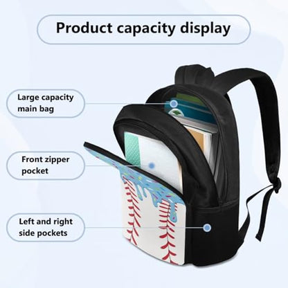 Blue Ice Cream Drip Backpack 4 Piece 17in Baseball Drip Backpack Insulated Lunch Box Pencil Bag with Independent Water Bottle Pocket Simple Elegant School Use - color: Blue