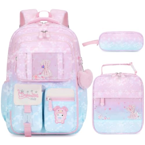 Jafeton Backpacks for Girls, Girls Backpack with Insulated Lunch Bag and Pencil Case for Kids Teens Elementary Middle High School Student, Cute Bow School Bag Travel Daypacks Book Bag Set - color: Pink Blue