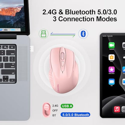 TECKNET Wireless Mouse, BT 5.0/2.4G, Rechargeable 6-DPI Silent, Pink | Bluetooth 5.0/3.0 & USB A, 2-Device Easy Switch, Wide OS Compatible, 6 Buttons, 6-DPI up to 4800, Ergonomic for S to M Hands - color: Pink