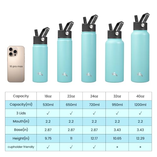 Konokyo 22 oz Insulated Stainless Steel Water Bottle with Straw Lid - color: Turquoise, size: 22 Ounces
