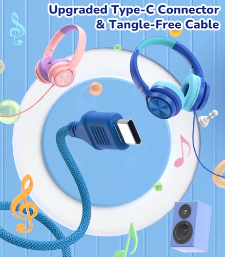 Bywulanda USB-C Kids Headphones with Mic, Safe Volume Limiter 85/94dB, Adjustable Headband, Foldable Wired Headphones for Boys & Girls, Over Ear Headphones for School/Chromebook/Tablet/Laptop/Travel - color: Navy Blue