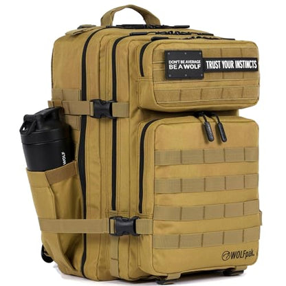 WOLFpak 45L Athletic Gym Backpack - Durable 1000D Waterproof Oxford Material with MOLLE Webbing, Laptop Pocket - color: Khaki