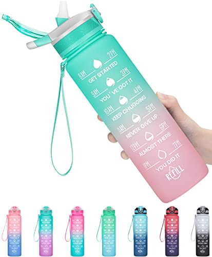 32oz Leakproof Motivational Sports Water Bottle with Straw & Time Marker, Flip Top Durable BPA Free Non-Toxic Frosted Bottle Perfect for Office, School, Gym and Workout - color: Ombre: Sweet Taffy