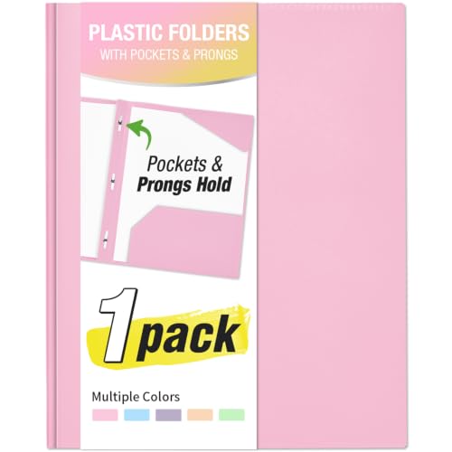 Sooez 2-Pocket Folder with Prongs, 1 Pack Heavy Duty 3 Prong File Folders for Documents, Colored Plastic Folder with Pockets Back to School Supplies for Kids - color: Pink