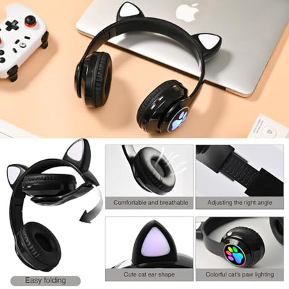 Bluetooth Noise Cancelling Headphones for Kids,Foldable Cat Headphone with LED Light Up Ear,Cat Ear Headphones for Toddler with Microphone/TF Card,Kids Bluetooth Earphones for ipad | Foldable Cat Headphone, LED Light Up Ear, Cat Ear Headphones for Toddler
