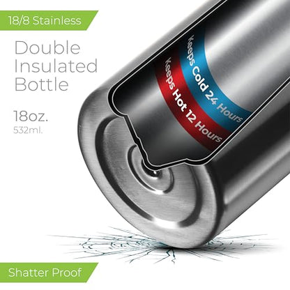 SipX™ 18 oz Insulated Water Bottle with 3 Lids – Leakproof Stainless Steel, Triple Insulated – Cold 24 Hours/Hot 12 Hours – Durable Bottle for School, Gym, Travel – Stainless - color: Stainless, size: 18 Ounces
