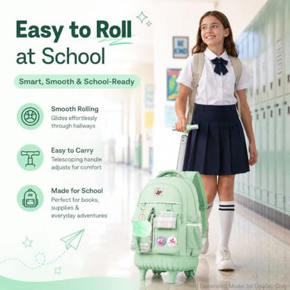 gxtvo 3PCS Womens Rolling Backpack for Girls, Wheeled Bookbag with Lunch Box for Adults, Water Resistant Roller School Bag for College Teens Kids Travel - Green - color: 3pcs Set Green