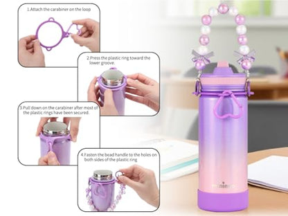 Mininoo Kids Water Bottle for School - 16 oz Stainless Steel Insulated Water Bottle with Ceramic-Lined, Leakproof Straw Lid & Beaded Handle for Girls & Boys - color: Sparkle Lavender