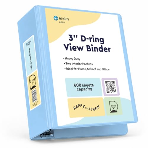 Enday 3 Inch Binder, Blue - 3 Inch 3 Ring Binder, D-Ring Pastel with Clear View Cover for Letter Size 8.5 x 11'' Paper & 2 Inside Pockets, Ideal for School Supplies, Office, and Home - color: Blue, size: 3-Inch