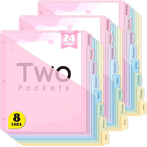 Sooez 8-Tab Binder Dividers with Two Pockets, 8 Tabs Dividers for 3 Ring Binder Organizers, 3-Hole Plastic Sheets Protectors for US Letter Size, School, College, Office Supplies, Pastels, Set of 3 - size: 3 Sets