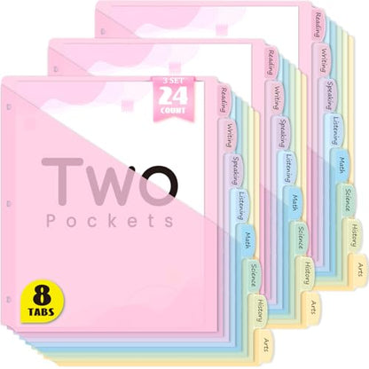 Sooez 8-Tab Binder Dividers with Two Pockets, 8 Tabs Dividers for 3 Ring Binder Organizers, 3-Hole Plastic Sheets Protectors for US Letter Size, School, College, Office Supplies, Pastels, Set of 3 - size: 3 Sets