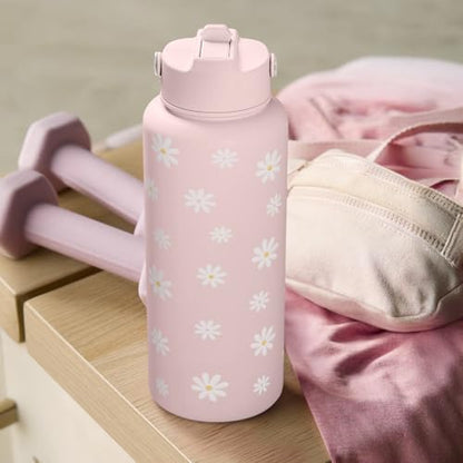 SANDJEST Daisy Water Bottle Stainless Steel 32oz Insulated with Lid, Flower Water Bottles Gifts for Women Girls Friends Teens Birthday Christmas - color: Daisy