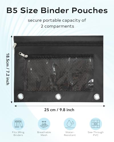 Pencil Pouch for 3 Ring Binder - 3 Hole Zipper Pen Case Bag Holder Bulk Accessories Clear Window Aesthetic Organizer Pockets - color: Black