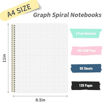 Spiral Graph Notebook(Pack of 3) 8.5” x 11”, A4 Black Grid Paper Notebook, 120 Pages 100GSM Thick Large Graphing Notebook，Hardcover Spiral Notebook Journals for Work School Engineering - color: black, style: Graph