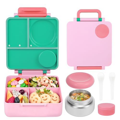 FOOYOO Bento Lunch Box Set for Kids & Adults, Leakproof 4-Compartment Container with Insulated Stainless Steel Food Jar, Utensils, BPA-Free, Microwave & Dishwasher Safe for School Work Travel（Pink） - color: Pink
