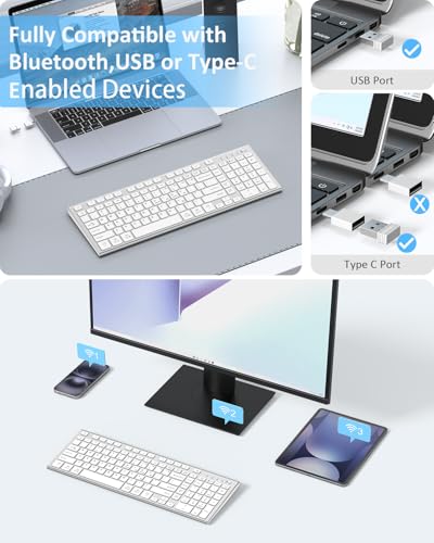 FENIFOX Wireless Keyboard, Bluetooth & 2.4G USB & USB-C Rechargeable Silent Ultra Quiet Low Profile Compact Full Size with Number Pad Soft Multi Device for Mac MacBook Windows PC - White & Silver - color: Silver White