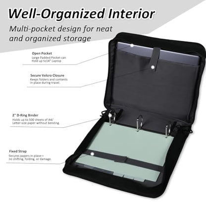 2 Inch 3 Ring Zipper Binder with Multi-Pocket, 6-Tab Expandable File Folder, Fits 14” Laptop, Zipper Bag Fits 500 Sheet Capacity with Handle & Shoulder Strap(Black) - color: Black