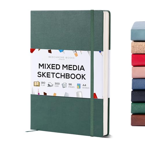 Beechmore Books Heavyweight Mixed Media Sketchbook - A4 8.5"x11" 300 GSM 48 Pages, Hardcover Lay-Flat Professional Journal for Painting, Acrylics and Wet Media - color: Dartmouth Green, size: A4 - 8.5" x 11.5" Large