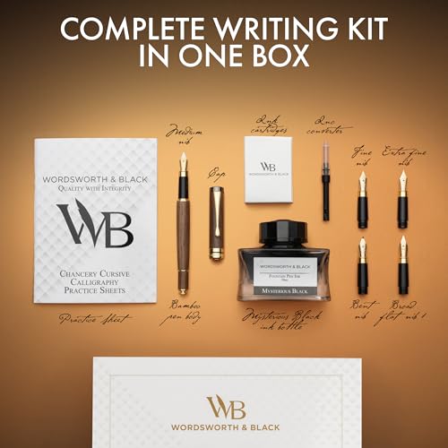 Wordsworth & Black Fountain Pen Gift Set, Includes Ink Bottle, 6 Cartridges, Refill Converter, 4 Replacement Nibs, Luxury Bamboo, Journaling, Calligraphy, Smooth Writing Pens [Brown Wood] - color: Brown Wood