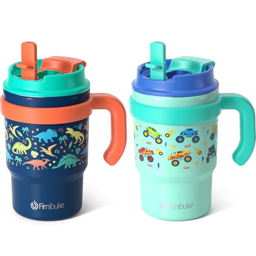 Fimibuke 16oz Kids Insulated Tumbler with Handle & Straws - 2 Pack BPA FREE 18/8 Stainless Steel Toddler Cups with Sip/Swig 2-in-1 Lids, Leak Proof Kid Drinking Cup Travel Mugs for Children Boys Girls - color: B4.Dinosaur & Monster Car