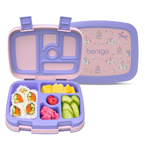 Bentgo Kids Prints Leak-Proof, 5-Compartment Bento-Style Kids Lunch Box - Ideal Portion Sizes for Ages 3-7, Durable, Drop-Proof, Dishwasher Safe, & PFAS & BPA-Free Materials (Carousel Unicorns) - color: Carousel Unicorns