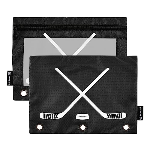 Fisyme Hockey Stick Puck Black Pencil Pouch for 3 Ring Binder Pencil Case Pencil Bag Zipper Pouch with Clear Window for Office Supplies 2 Pack - color: multi-13