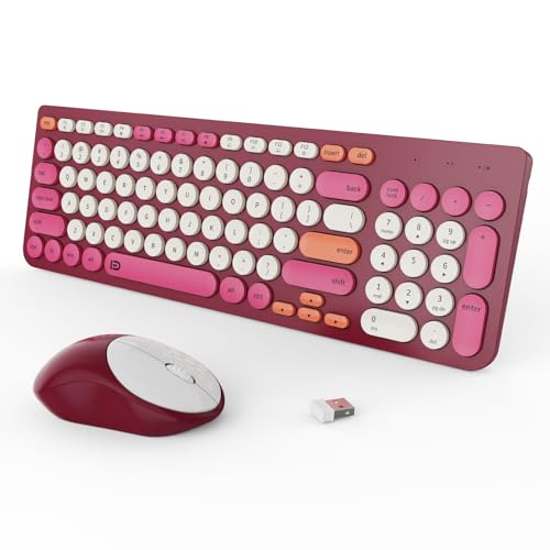 Wireless Keyboard and Mouse Combo, 2.4GHz Colorful Cute Round Keycaps Keyboard for Office Computer PC Desktops Laptop (96 Keys Rose Red) - color: 96 Keys Rose Red