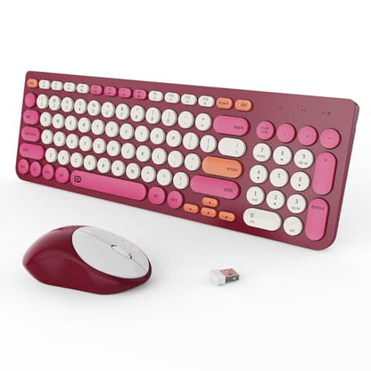 Wireless Keyboard and Mouse Combo, 2.4GHz Colorful Cute Round Keycaps Keyboard for Office Computer PC Desktops Laptop (96 Keys Rose Red) - color: 96 Keys Rose Red