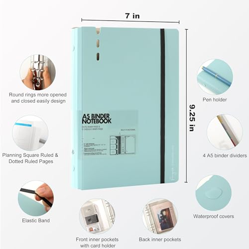 CAGIE A5 Binder 6 Ring Notebook with Dividers Refillable Planner Binder with Pockets, Refill Paper Include Planning Square Ruled and Dotted Pages, 6.89 x 9.25 In, (Blue, A5 Daily&Dot Page) - color: Blue, size: A5 Daily&Dot Page