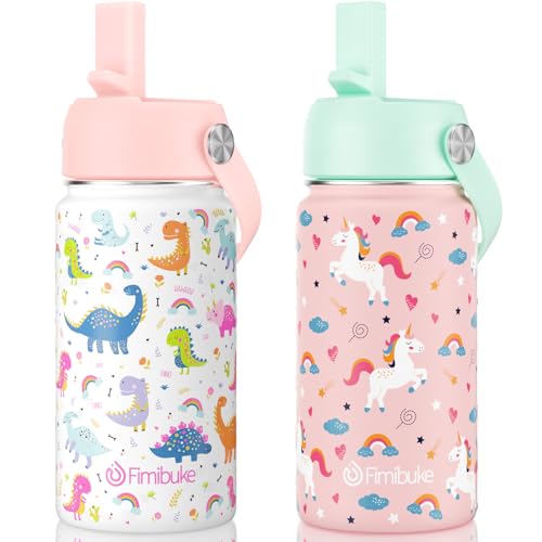 Fimibuke Kids Insulated Water Bottle, 14oz BPA FREE Double Wall Vacuum Tumbler 18/8 Stainless Steel Leak Proof Kids Cups with Straw Metal Bottle for School Boy Girl (2 Pack, UNICORN/WHITE DINOSAUR) - color: A7. UNICORN+WHITE DINOSAUR