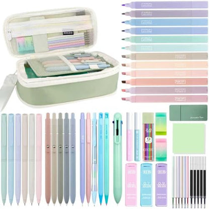 JIZHIYUAN 54PCS Aesthetic Office Supplies with Large Pencil Case,12 Pastel Highlighters,5 Black & 6 Color Ink Gel Pens, 6-in-1 Ballpoint Pen,5 Mechanical Pencils 0.5-2.0mm Stationary Set(Green) - color: Green
