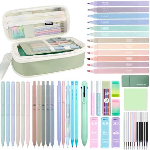 JIZHIYUAN 54PCS Aesthetic Office Supplies with Large Pencil Case,12 Pastel Highlighters,5 Black & 6 Color Ink Gel Pens, 6-in-1 Ballpoint Pen,5 Mechanical Pencils 0.5-2.0mm Stationary Set(Green) - color: Green