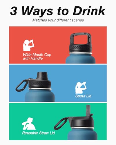 Coolflask 40 oz Water Bottle Insulated with Straw & 3 Leakproof Lids | Water Flask Stainless Steel Triple-Wall Vacuum,Cold 48+h,Dishwasher Safe,Wide Mouth, BPA-Free,Carrier Bag,for Gym,Hiking - color: Samurai Cyan, size: 40 Ounces