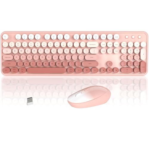 Colorful Wireless Keyboard and Mouse Combo, COVEVA 2.4GHz Wireless Retro Cute Round Keycaps Keyboard, 104 Keys Full-Sized Keyboard Mouse Set with Switch Button for PC Laptop Desktop (Rose Gradient) - color: Rose Gradient