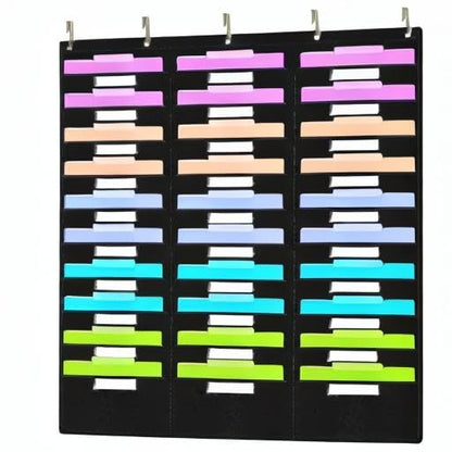 Eamay Hanging File Folder Organizer - 30 Pockets, 5 Over The Door Hanger - Office Document Letter Organizer - color: Black 30 Pockets